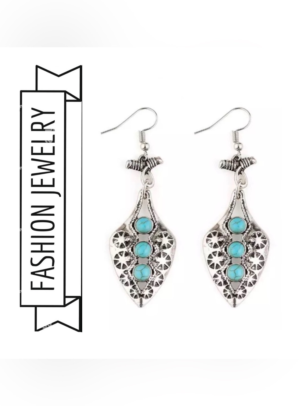 🌟🌟 Silver-Tone Filigree Drop Earrings with Turquoise Stones